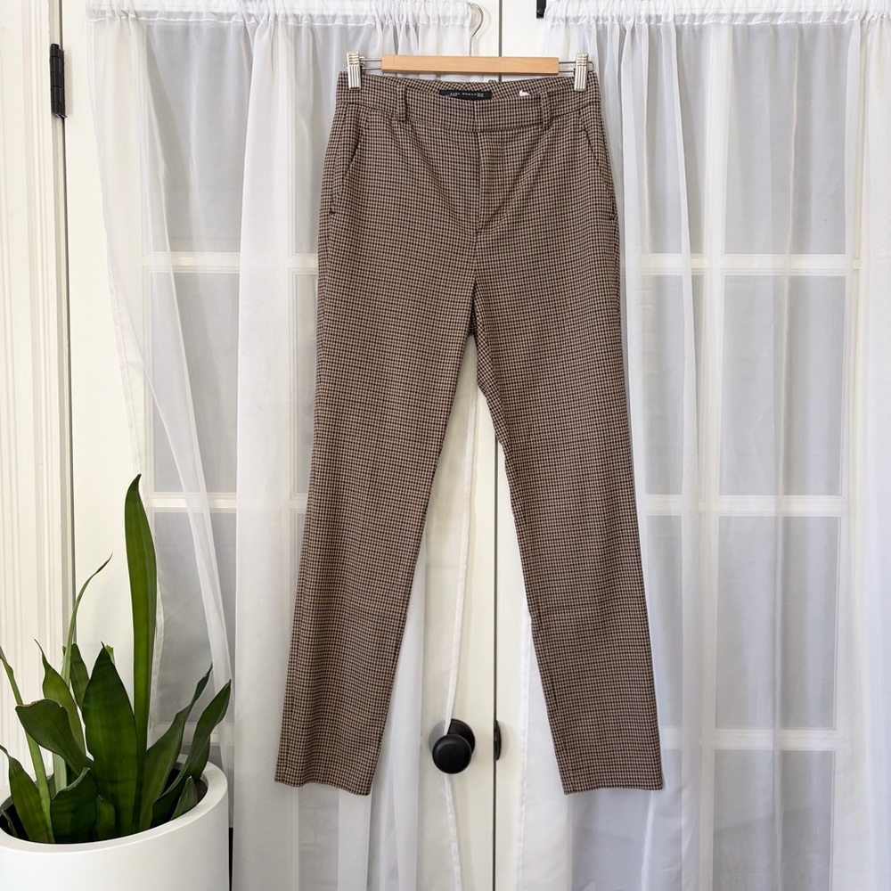 Zara Brown Plaid Houndstooth High Waisted Black Brown Neutral Pants Size 4